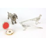 Silver-plated cocker-spaniel, 10cm long, two plated pheasants, a silver-mounted clock, a wax seal