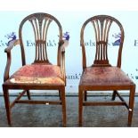 Set of eight oak dining chairs with red leather upholstery.(6+2).