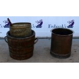 Oak and brass bound coal bin , copper coal pin and other metal ware .
