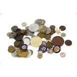 Selection of coins, medallions and badges including silver.