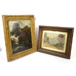 English school 19th century oil on canvas, and a watercolour of a figure with fishing rod by a