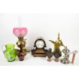 Two bronze busts of Victoria and Albert, a mantel clock, various Victorian glass, an oil lamp and