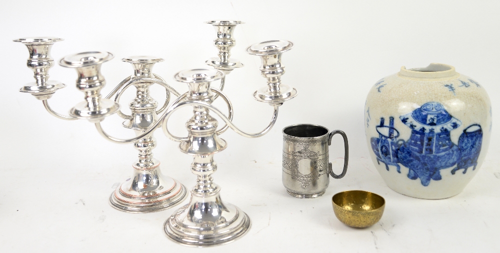 Pair of three light silver-plated candelabra, christening mug, Chinese ginger jar and brass bowl.