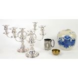 Pair of three light silver-plated candelabra, christening mug, Chinese ginger jar and brass bowl.