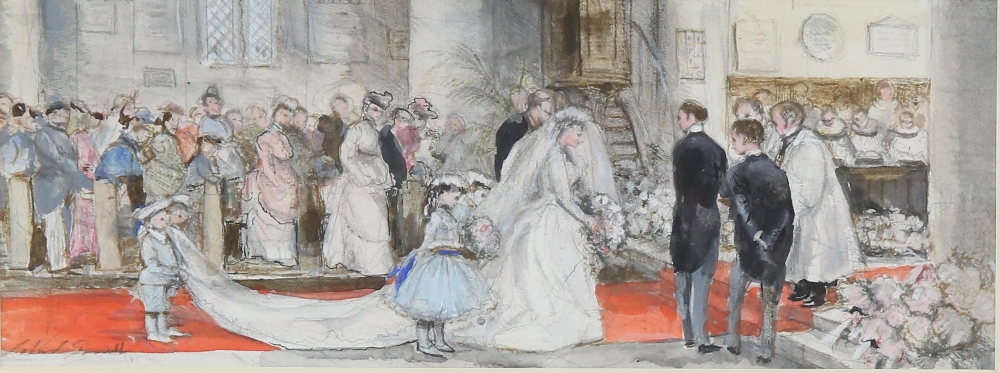 20th century, English school - watercolour scene of an Edwardian church wedding, signature