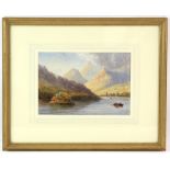 English School, 19th Century, mountainous landscape with figures in a boat, watercolour, 18cm x