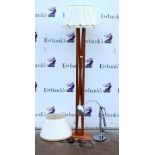 Large standard lamp of wooden twisting design and another large chromed desk lamp, with three lamp