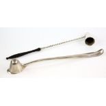 Silver candle snuffer with twist stem and wooden handle and another candle snuffer in white
