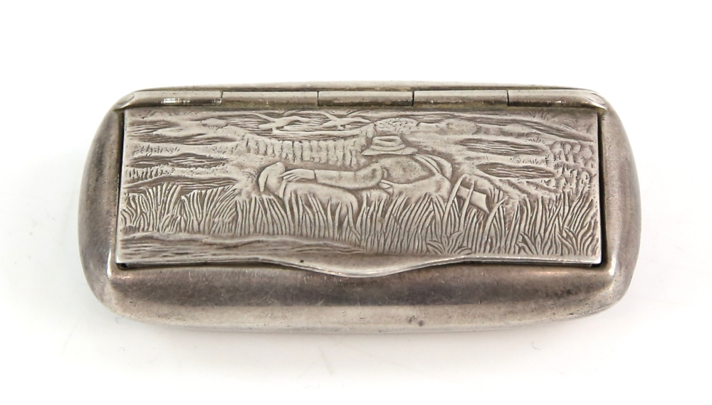 Silver pocket snuff box with a hunting scene of a man with his dog and rifle with ducks in the