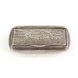 Silver pocket snuff box with a hunting scene of a man with his dog and rifle with ducks in the