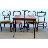 Mahogany pedestal on tripod base and a19th Century balloon back dining, a single chair and a side