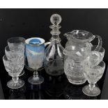 18th century glass decanter monogrammed TUS and other glassware . Decanter: overall condition