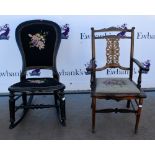 Updated Description , Edwardian ebonised nursing chair and a similar low armchair .