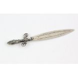 Novelty silver bookmark in the form of a sword with ornate handle and swirled design handguards,