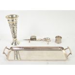 Pierced silver vase holder, serviette ring, a plated tray and candle snuffer.