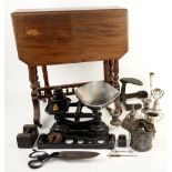 19th century mahogany Sutherland table, cast iron balance scale, cobblers last and plated items.