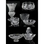 Three Orrefors bowls, two cut glass bowls a thistle vase and a pedestal bowl.