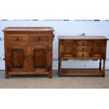 Oak dresser base and an oak side cabinet.