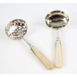 Pair of 19th Century silver ladles, one for sifting with M.O.P handles, by Hilliard & Thompson,