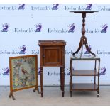 19th century mahogany pot cupboard three tiered what-not, fire screen and a wine table .