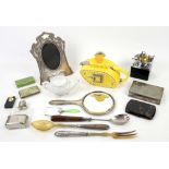 Silver photograph frame, silver backed hand mirror, salad servers, silver-plated items, smokers