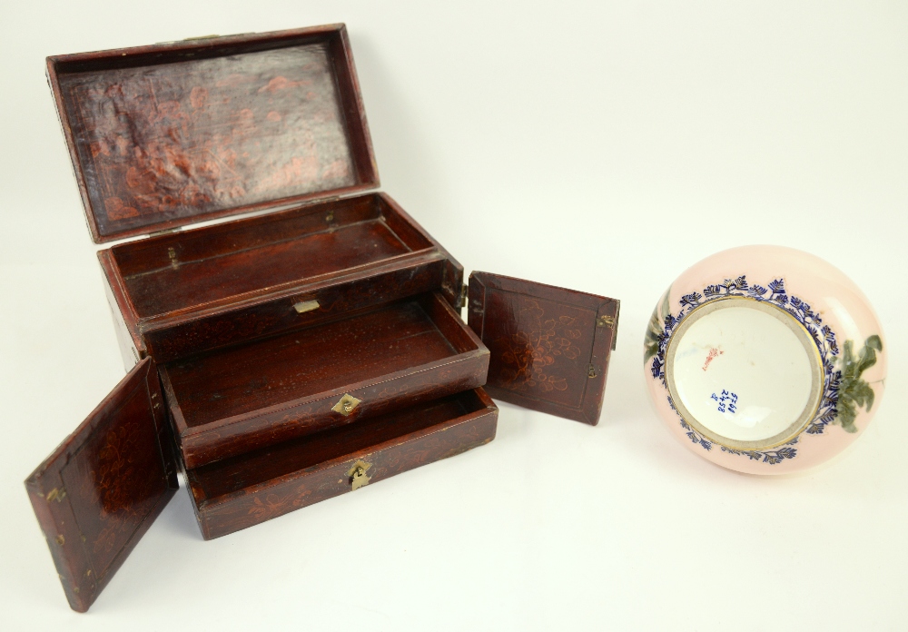 Chinese red lacquer miniature chest, and a pink ground vase with floral decoration. - Image 2 of 2