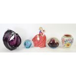 Selkirk glass paper weight, crimson flame, 3/50, Caithness Wavecrest paperweight, Poole vase,