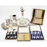 19th century silver plated and cut glass claret jug, silver plated salver, two trays and other