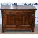 Oak drop leaf table, oak linen fold cabinet and oak nest of tables. Linen fold cabinet: 64 x 94 x 46