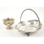 Silver plated swing-handled basket on scroll feet and a silver plated bowl, (2),.
