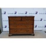 19th century mahogany chest of two short over three long drawers on bracket base, .