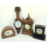 Polished slate mantel clock, two other clocks and oak barometer (4).