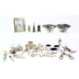 Group of silver and silver-plated items to include a Lanson Ltd three-piece cruet with two spoons,