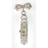 Art Deco diamond fob watch, rectangular dial with Arabic numerals and minute track, 15 jewels