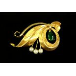 1950's gold brooch, set with nephrite jade and pearls, mount stamped 18 ct, pin and roll catch