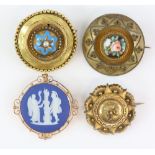 Four antique brooches, two Victorian wire work brooches, both testing as 15 ct or higher, a Wedgwood
