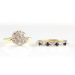 Diamond cluster ring, set with round brilliant cut diamonds, mounted in 18 ct, and a sapphire and