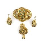 Victorian brooch set with emerald and Chrysoberyl, with suspended drop, matching earrings, each