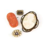 Antique coral cameo brooch, depicting Bacchus, 3.5 x 2cm, in addition to a Victorian hair work