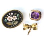 Pietra Dura floral brooch, mounted in 18 ct gold, another set with amethyst in plain,gold mount,