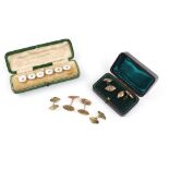 Boxed set of mother of pearl dress studs, two pairs of Edwardian cufflinks, and a vintage engine