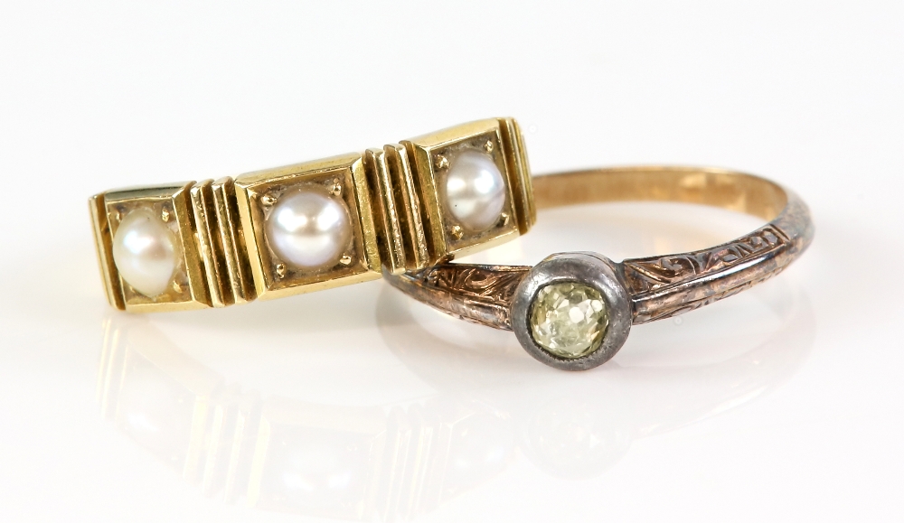 Victorian pearl set ring in 18 ct gold, hallmarked London 1880, ring size K-L, and another with a