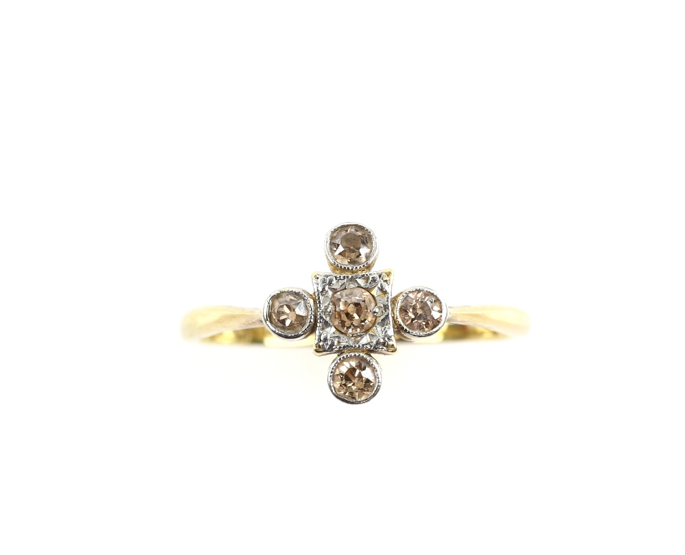 Edwardian cruciform ring set with peach coloured diamonds, in milgrain setting, 18 ct gold and