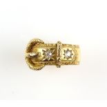 Gold buckle ring set with two old cut diamonds, scroll decorated border, 18 ct gold, marks for