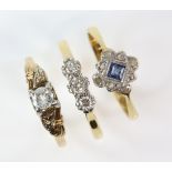 Three rings, diamond three stone, ring size M, another sapphire and diamond ring, size N, both