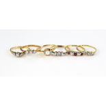 Six gold rings, Edwardian diamond three stone ring, two others similar, illusion set diamond,