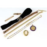 Group of jewellery, fancy link Albert chain of 18ct yellow gold and platinum links, cameo brooch,