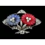 Diamond floral brooch, frosted glass blue and red flowers, set with Swiss and round brilliant cut