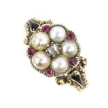 Georgian ring, central diamond surrounded by five pearls and five rubies, black enamel detail on