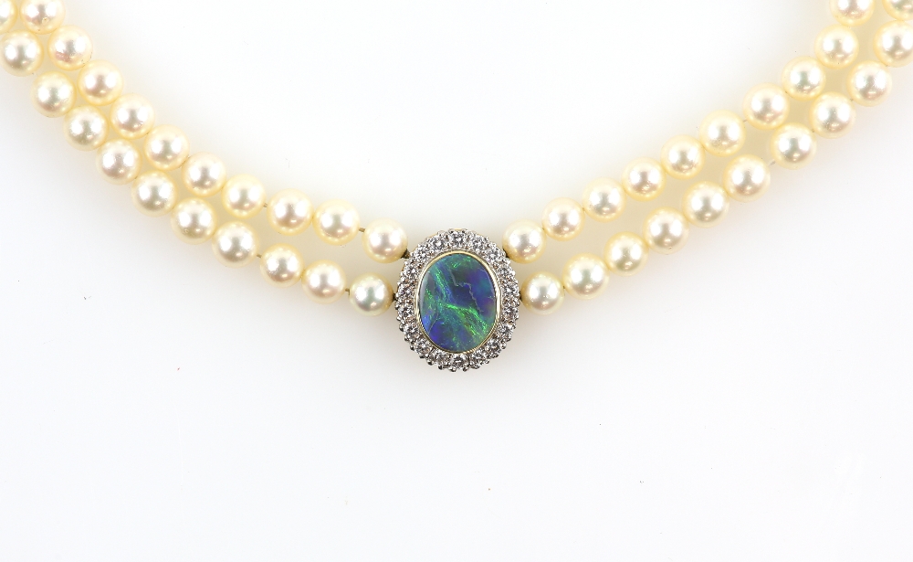 Pearl and opal diamond necklace, set with an opal triplet within a border of diamonds, estimated - Image 2 of 4